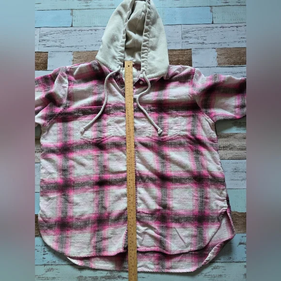 American Eagle Outfitters Kids Pink Plaid Hooded Button-Up Shirt - Picture 5 of 5
